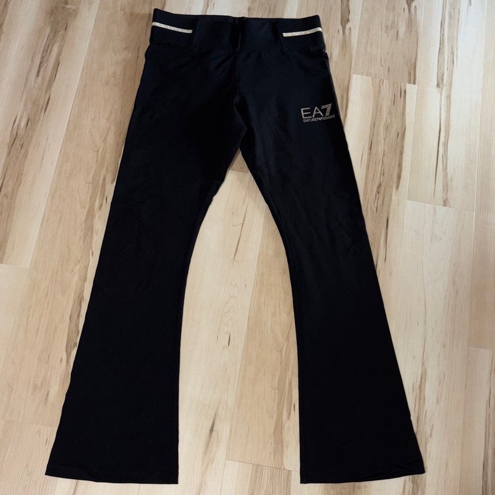 Emporio Armani Black Leggings with Gold Logo and Waist Stripe